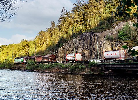 Train by a lake